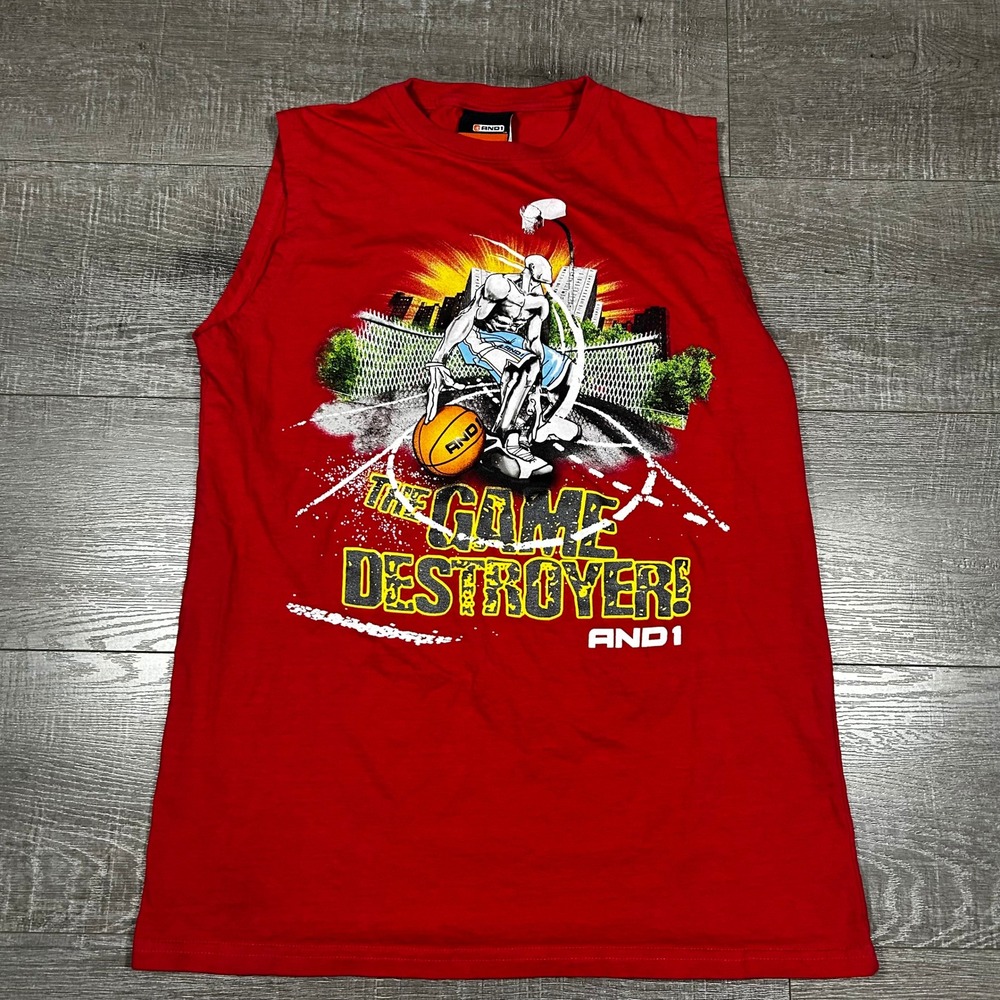 AND1 The Game Destroyer Red Sleeveless Basketball Graphic Tee XL 18/20 Kids